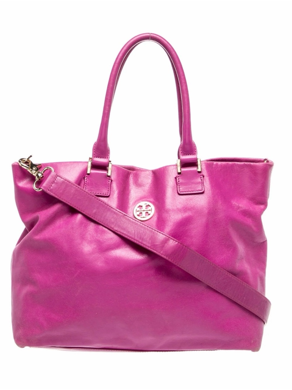 Tory Burch Magenta Leather Tote with Gold Logo
